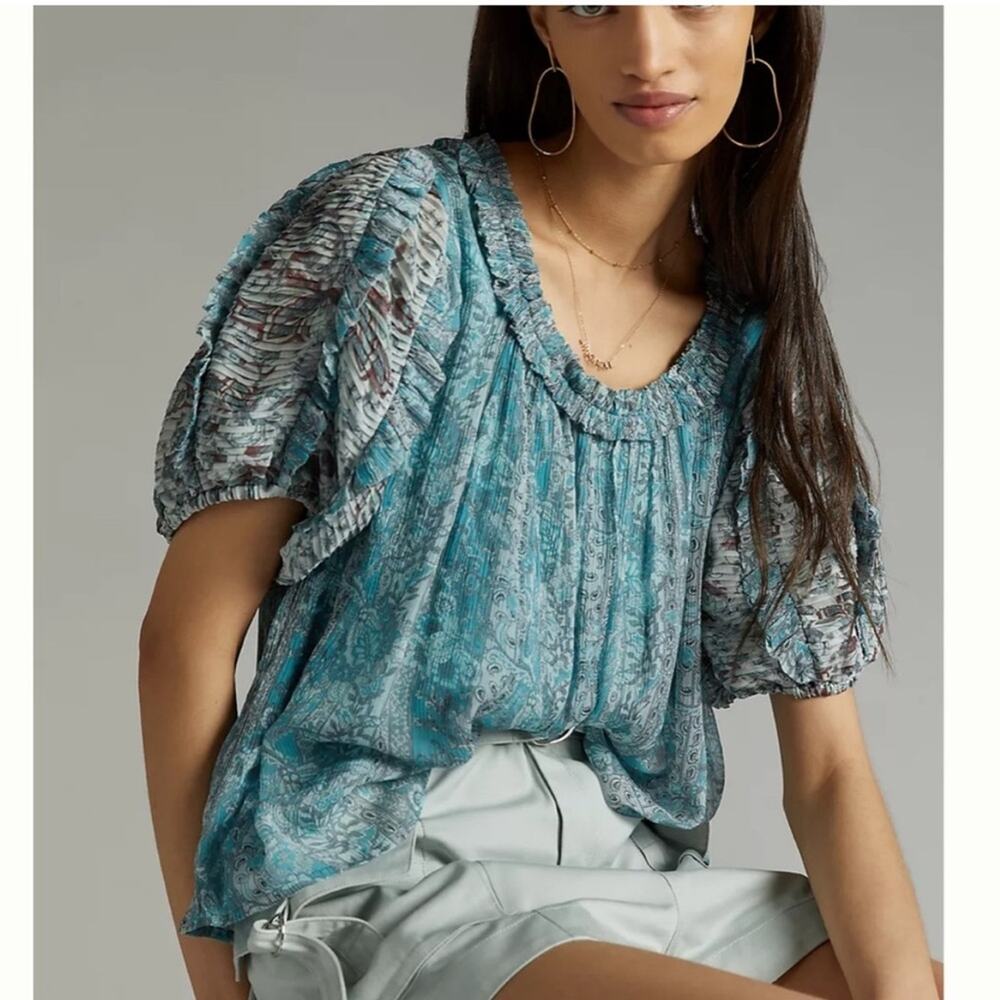 ANTHROPOLOGIE Let Me Be Pintucked Chiffon Blouse puff sleeve Sz M
